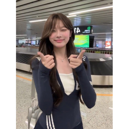 美式藏青色字母印花氣質v領長袖防曬罩衫女夏季修身辣妹t恤上衣潮