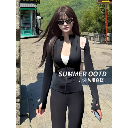 黑色防曬衣女款修身瑜珈服女2025新款輕薄速乾冰絲防曬服外套上衣