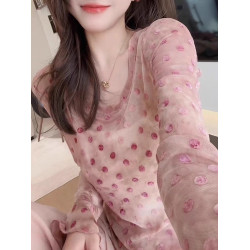 輕薄波點微透防曬上衣2025夏季顯白減齡長袖圓領t恤別致優雅小衫