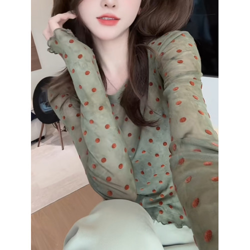 輕薄波點微透防曬上衣2025夏季顯白減齡長袖圓領t恤別致優雅小衫