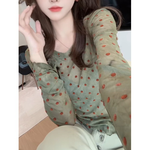 輕薄波點微透防曬上衣2025夏季顯白減齡長袖圓領t恤別致優雅小衫