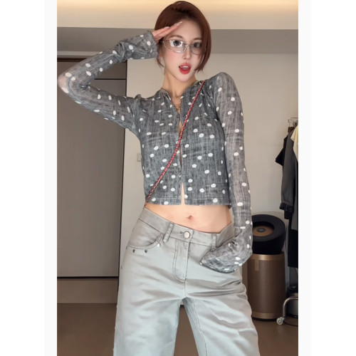 復古辣妹設計感短款露臍波點印花長袖針織開衫女早秋修身收腰上衣