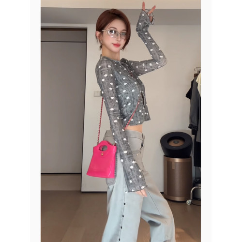 復古辣妹設計感短款露臍波點印花長袖針織開衫女早秋修身收腰上衣