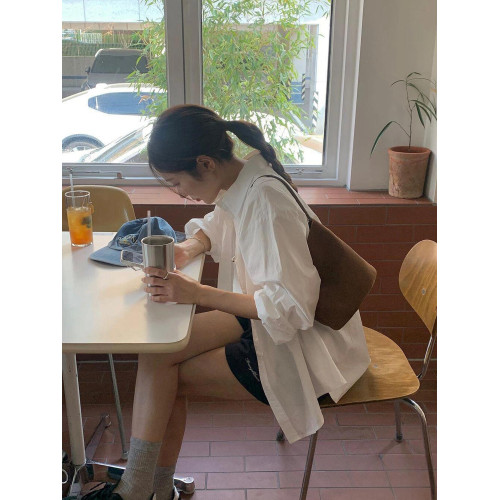 白色長袖襯衫女2025春秋季韓系寬鬆廓形百搭休閒純棉防曬襯衣外套