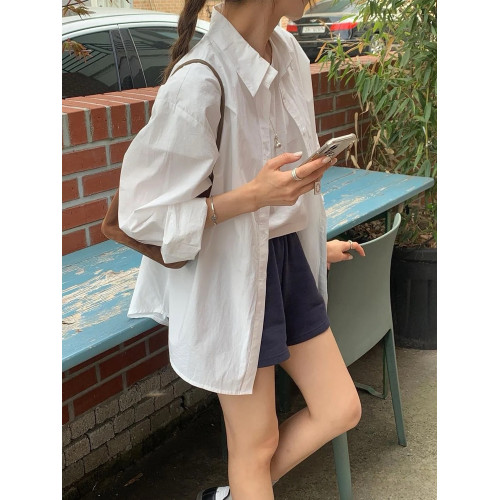 白色長袖襯衫女2025春秋季韓系寬鬆廓形百搭休閒純棉防曬襯衣外套