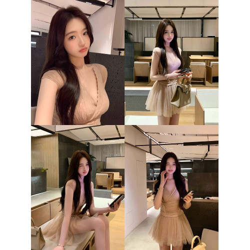 今年流行的漂亮裙子V領蕾絲收腰上衣+網紗裙褲韓系獨特絕美小套裝