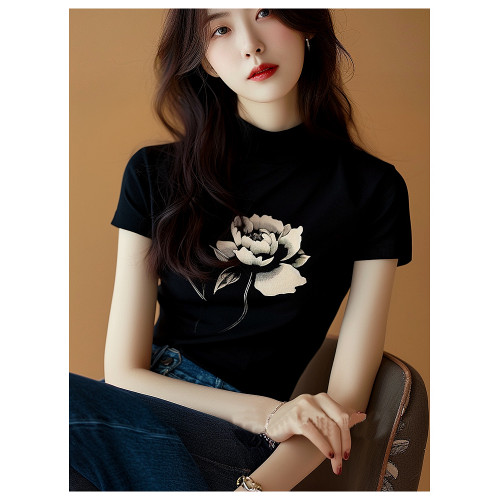 奧特萊斯清倉品牌剪標尾貨玫瑰花t恤女黑色冰絲短袖上衣高級歐貨