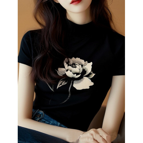 奧特萊斯清倉品牌剪標尾貨玫瑰花t恤女黑色冰絲短袖上衣高級歐貨