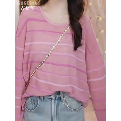 韓系小清新漸變條紋圓領長袖上衣女夏季款休閒慵懶風寬鬆防曬罩衫