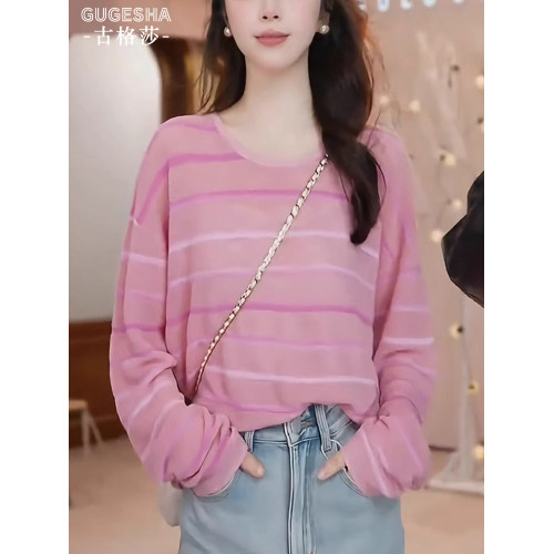 韓系小清新漸變條紋圓領長袖上衣女夏季款休閒慵懶風寬鬆防曬罩衫