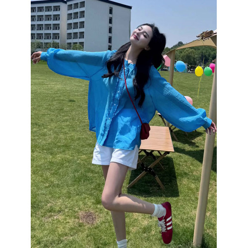 法式氣質藍色防曬衣女夏季2025新款高級感時尚百搭薄款罩衫上衣女