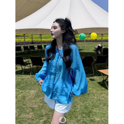 法式氣質藍色防曬衣女夏季2025新款高級感時尚百搭薄款罩衫上衣女