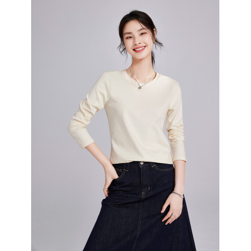 80S高支高密雙面絲光棉透氣液氮彈力品質防曬吸汗長絨棉長袖t恤女