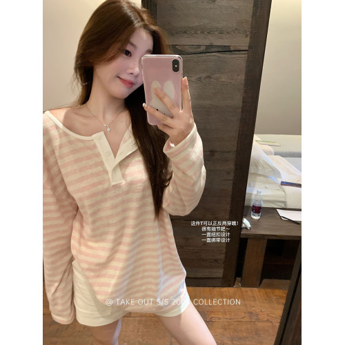 韓系粉色條紋繙領長袖T恤女秋季薄款設計感休閒百搭防曬罩衫上衣