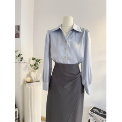 法式V領緞面長袖襯衫女2025秋季設計感氣質通勤襯衣職業正裝面試