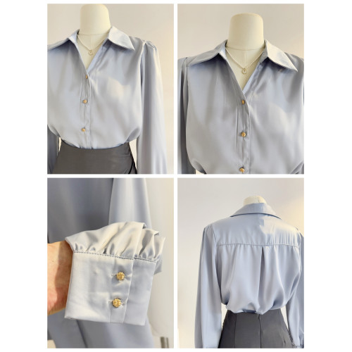 法式V領緞面長袖襯衫女2025秋季設計感氣質通勤襯衣職業正裝面試