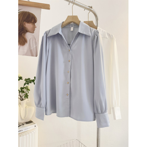 法式V領緞面長袖襯衫女2025秋季設計感氣質通勤襯衣職業正裝面試