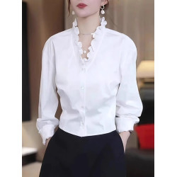 大碼白色荷葉邊v領長袖小衫襯衣女2026早春胖mm顯瘦遮肉漂亮襯衫