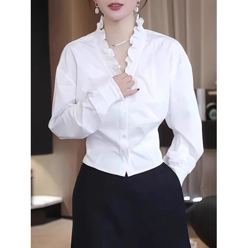 大碼白色荷葉邊v領長袖小衫襯衣女2026早春胖mm顯瘦遮肉漂亮襯衫