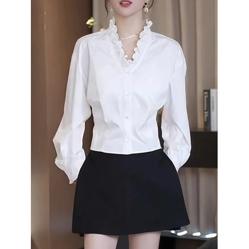 大碼白色荷葉邊v領長袖小衫襯衣女2026早春胖mm顯瘦遮肉漂亮襯衫