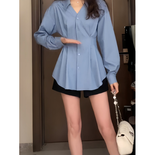 大碼胖mm遮肚藏肉設計感V領上衣顯瘦收腰高級感長袖襯衫2025秋季