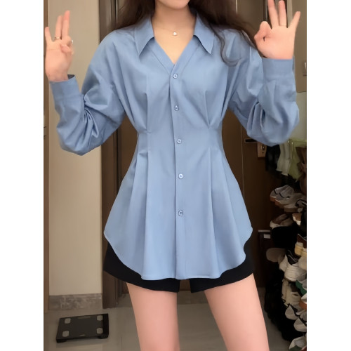 大碼胖mm遮肚藏肉設計感V領上衣顯瘦收腰高級感長袖襯衫2025秋季