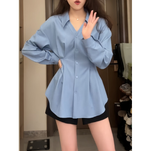 大碼胖mm遮肚藏肉設計感V領上衣顯瘦收腰高級感長袖襯衫2025秋季