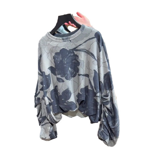 歐貨流行漂亮上衣洋氣獨特別致松弛慵懶感灰綠色印花襯衫女春秋新