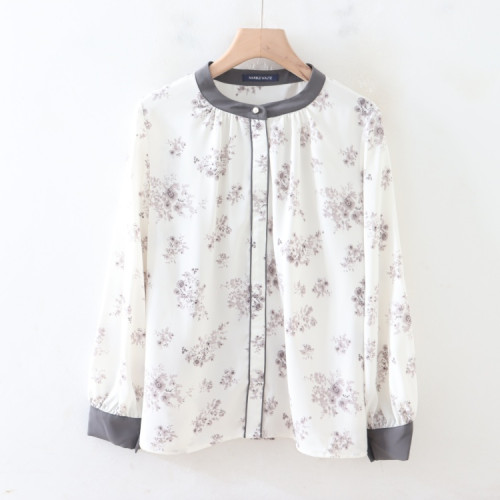 C07040日單秋新款圓領單排隱形釦寬鬆顯瘦女通勤氣質碎花長袖襯衫