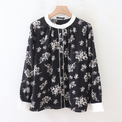 C07040日單秋新款圓領單排隱形釦寬鬆顯瘦女通勤氣質碎花長袖襯衫