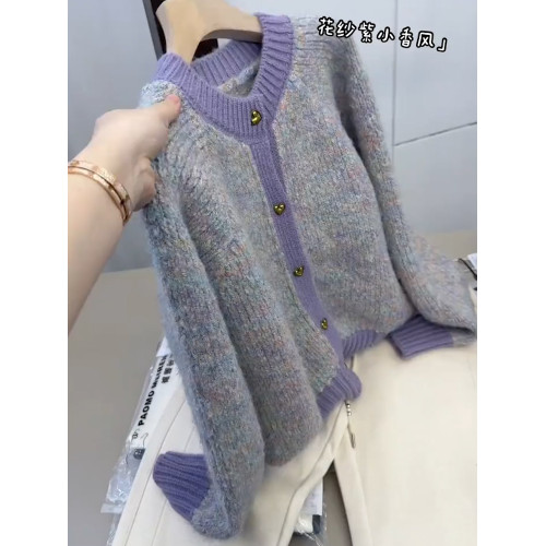 今年新款花紗紫小香風針織衫女秋季韓系高級洋氣街頭小衆氣質上衣