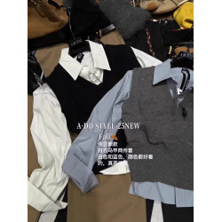 韓國東大門秋季新款時尚氣質學院風長袖襯衫+針織馬甲背心兩件套