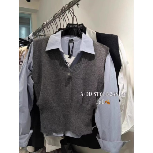 韓國東大門秋季新款時尚氣質學院風長袖襯衫+針織馬甲背心兩件套