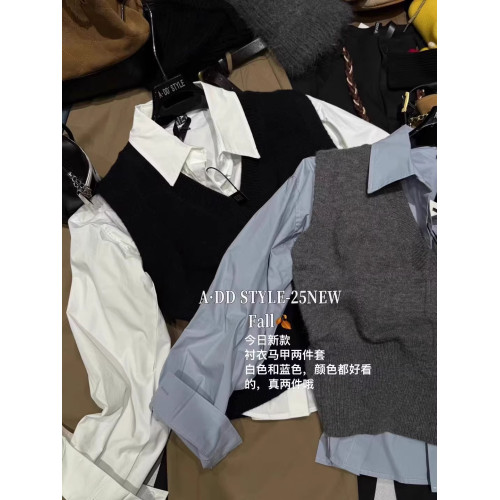 韓國東大門秋季新款時尚氣質學院風長袖襯衫+針織馬甲背心兩件套