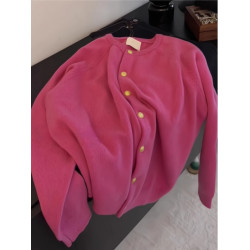 韓系穿搭超好看樹莓粉小金釦針織開衫上衣女秋冬歐貨漂亮毛衣外套