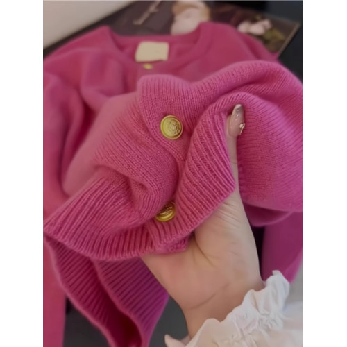 韓系穿搭超好看樹莓粉小金釦針織開衫上衣女秋冬歐貨漂亮毛衣外套