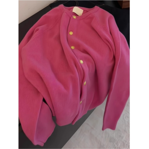 韓系穿搭超好看樹莓粉小金釦針織開衫上衣女秋冬歐貨漂亮毛衣外套