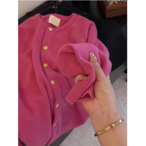 韓系穿搭超好看樹莓粉小金釦針織開衫上衣女秋冬歐貨漂亮毛衣外套