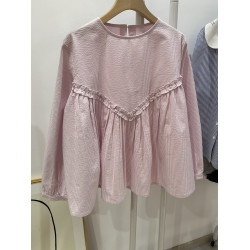 彩色豆豆家新款泡泡棉質長袖圓領娃娃版女襯衫粉色竪條紋甜美文藝