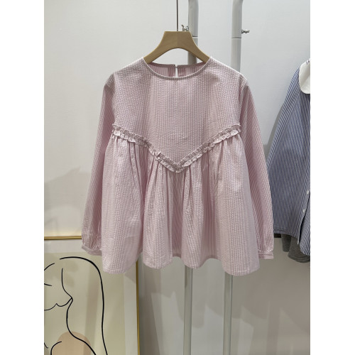 彩色豆豆家新款泡泡棉質長袖圓領娃娃版女襯衫粉色竪條紋甜美文藝