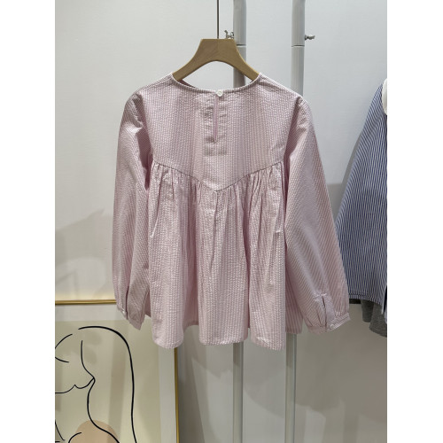 彩色豆豆家新款泡泡棉質長袖圓領娃娃版女襯衫粉色竪條紋甜美文藝