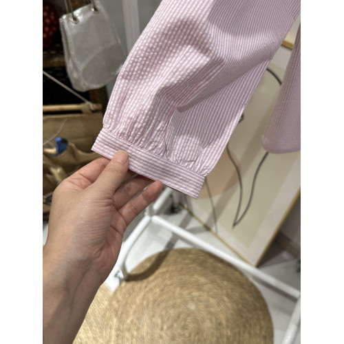 彩色豆豆家新款泡泡棉質長袖圓領娃娃版女襯衫粉色竪條紋甜美文藝