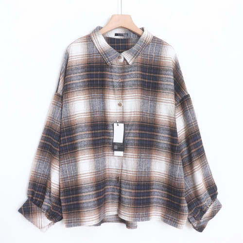 D09089日單新款單排釦寬鬆好搭配女簡潔通勤休閒磨毛格子長袖襯衫