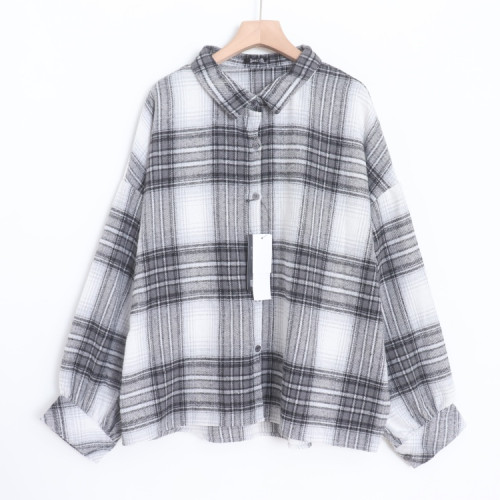 D09089日單新款單排釦寬鬆好搭配女簡潔通勤休閒磨毛格子長袖襯衫