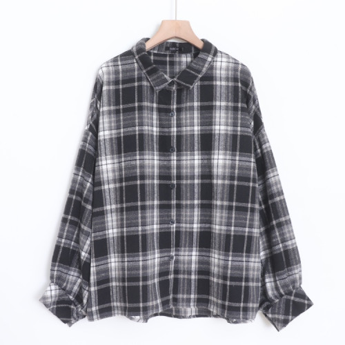 D09089日單新款單排釦寬鬆好搭配女簡潔通勤休閒磨毛格子長袖襯衫