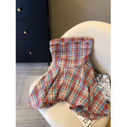 專櫃撤廻剪標多巴胺彩色格子抹胸背心女夏季不規則荷葉邊裙擺上衣