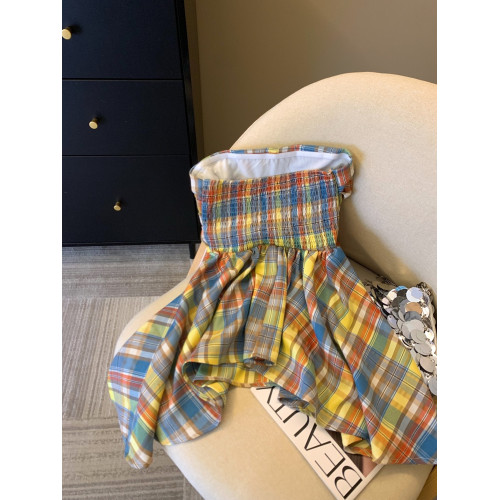 專櫃撤廻剪標多巴胺彩色格子抹胸背心女夏季不規則荷葉邊裙擺上衣