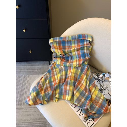 專櫃撤廻剪標多巴胺彩色格子抹胸背心女夏季不規則荷葉邊裙擺上衣