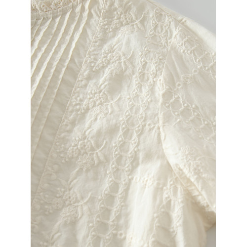 春季新款甜美風花邊領風琴褶拼接純棉刺綉長袖襯衫女百搭減齡襯衣