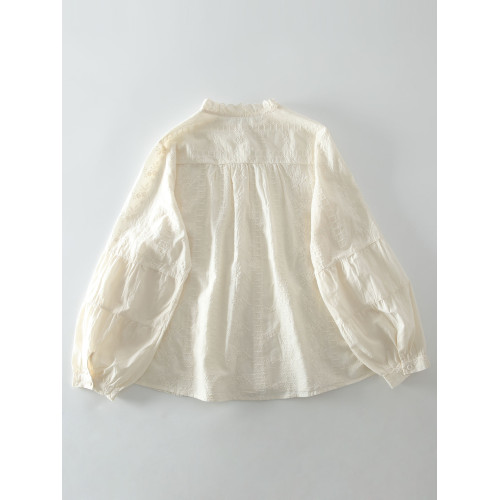 春季新款甜美風花邊領風琴褶拼接純棉刺綉長袖襯衫女百搭減齡襯衣